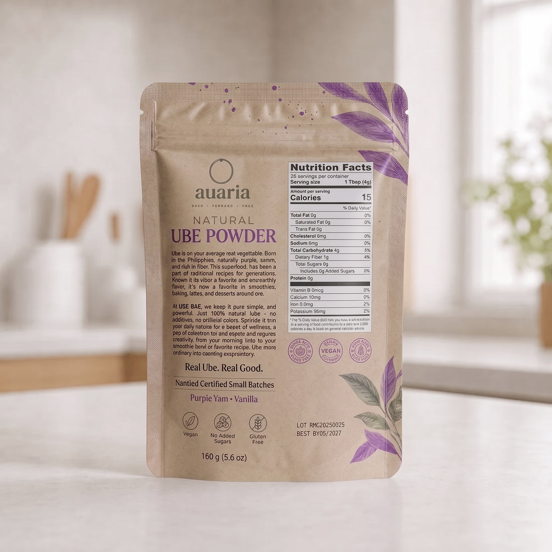 Back of Auaria Natural Ube Powder pouch with nutrition facts