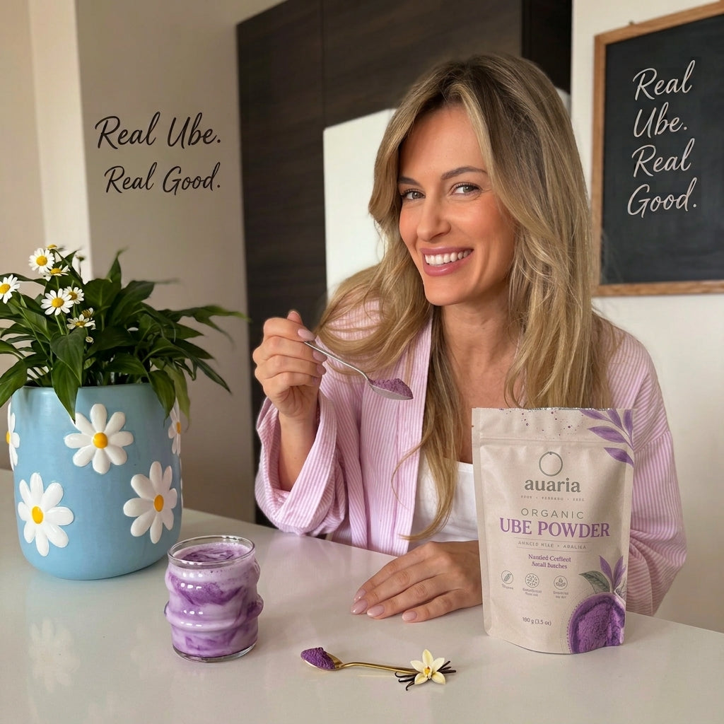Woman enjoying Auaria ube powder at home