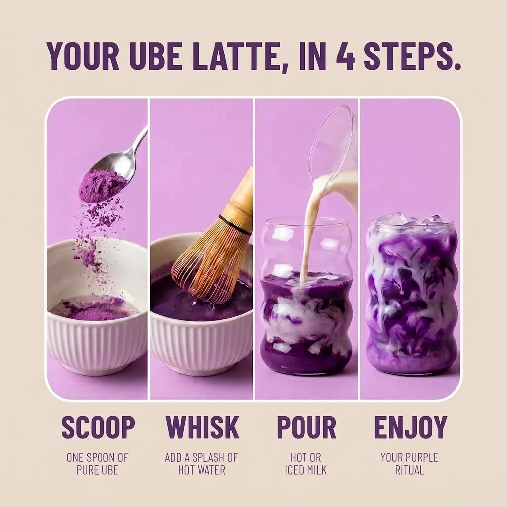 Ube latte in four steps: scoop, whisk, pour, enjoy