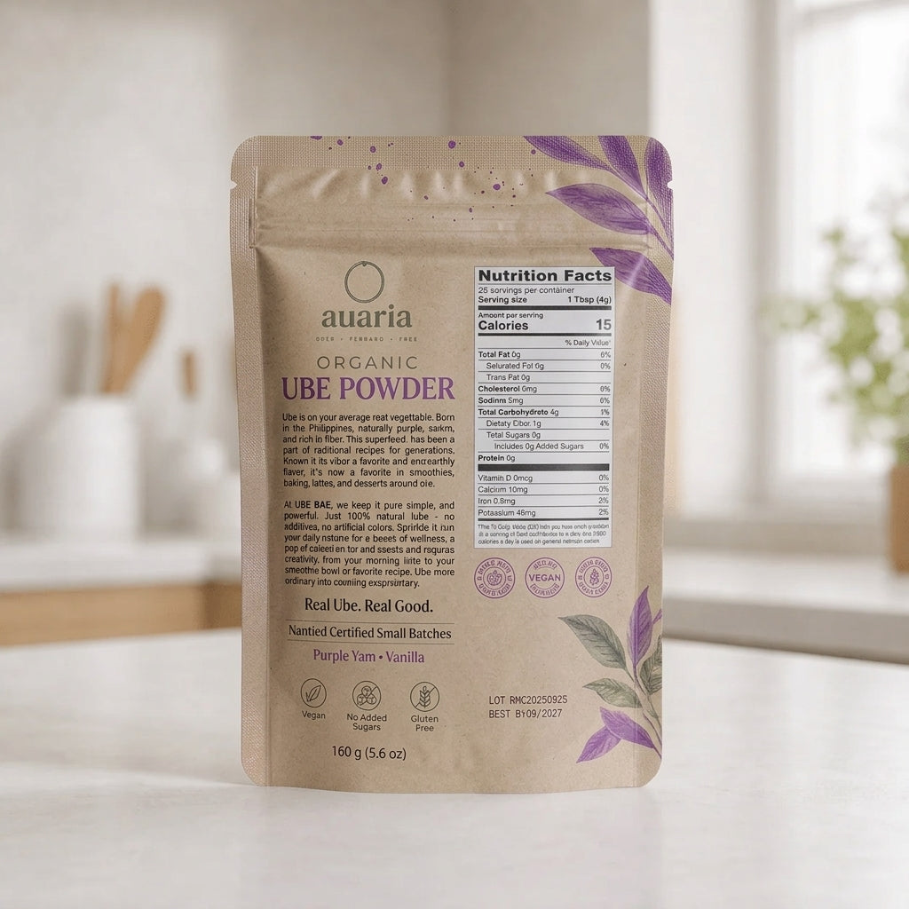 Back of Auaria Organic Ube Powder pouch with nutrition facts